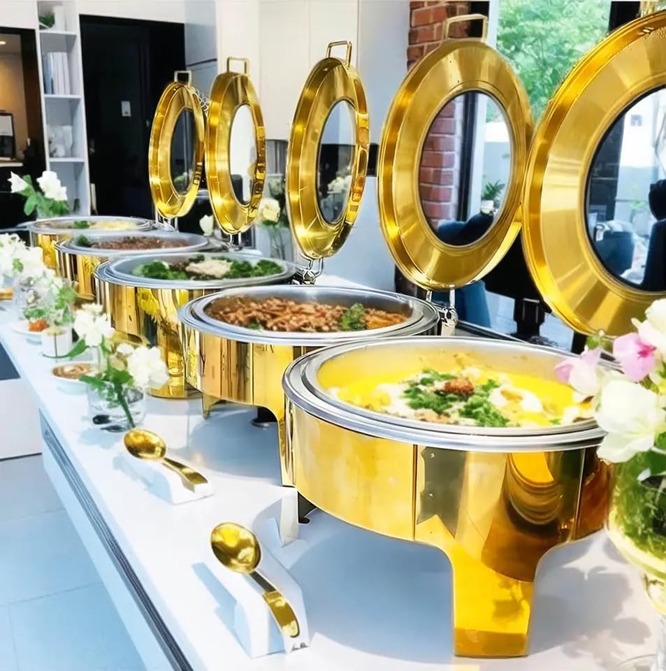 Bain Marie Food Warmer - Złoty, okrągły, duży, ze stali nierdzewnej,